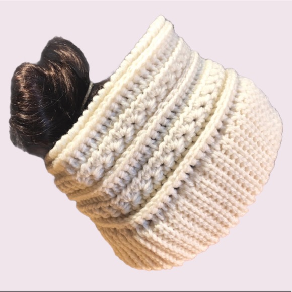 Ear warmer Bun Beanie Headband Winter Hat Off-White - Picture 3 of 8